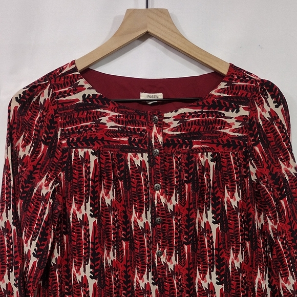 Fossil 100% Silk Artsy Shirt Dress Women's S Red Cottagecore Peasant Retro 90s - Picture 2 of 9